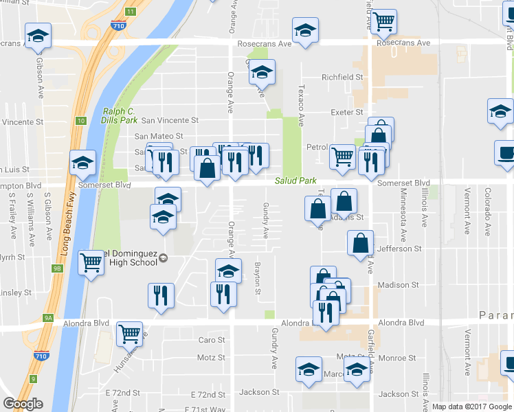 map of restaurants, bars, coffee shops, grocery stores, and more near 15137 Gundry Avenue in Paramount