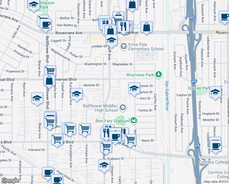 map of restaurants, bars, coffee shops, grocery stores, and more near 15330 Woodruff Avenue in Bellflower