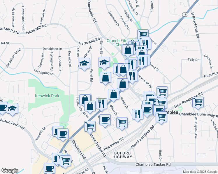 map of restaurants, bars, coffee shops, grocery stores, and more near 3586 Pierce Drive in Chamblee