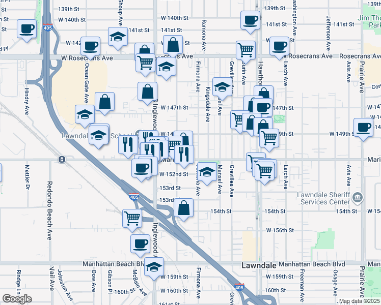 map of restaurants, bars, coffee shops, grocery stores, and more near 4633 Marine Avenue in Lawndale