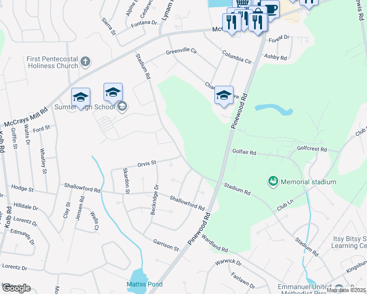 map of restaurants, bars, coffee shops, grocery stores, and more near 2215 Stadium Road in Sumter