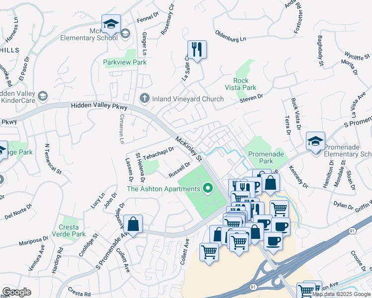 map of restaurants, bars, coffee shops, grocery stores, and more near 767 June Drive in Corona