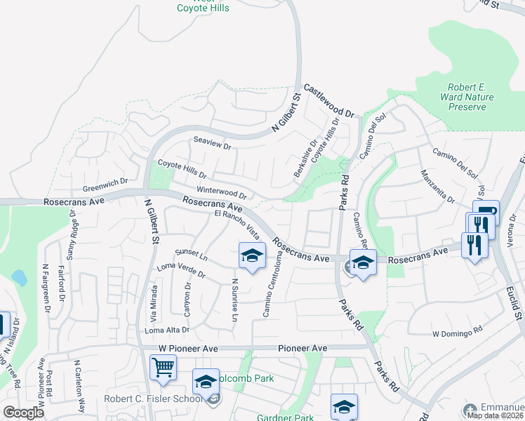 map of restaurants, bars, coffee shops, grocery stores, and more near 2207 Calle Ultimo in Fullerton