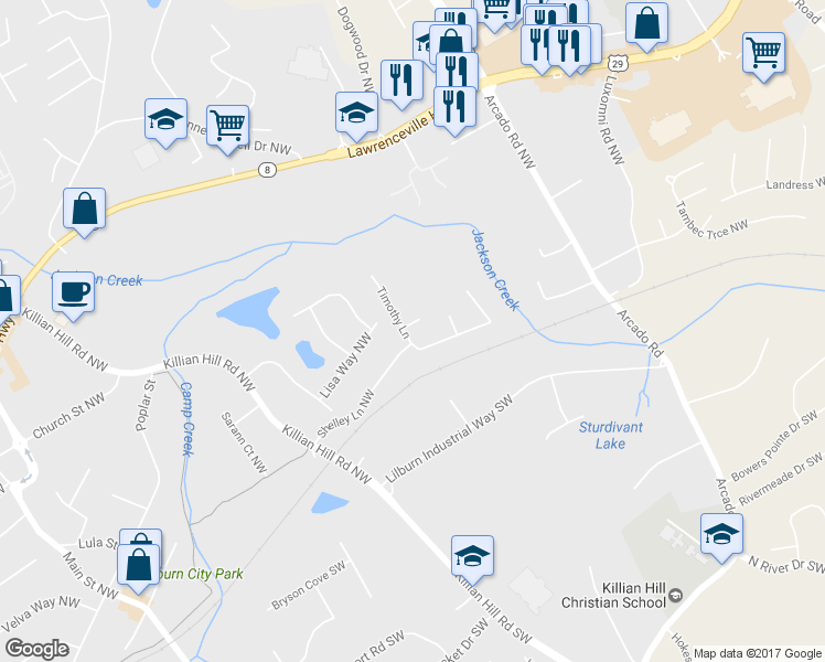 map of restaurants, bars, coffee shops, grocery stores, and more near 207 Timothy Ln NW in Lilburn