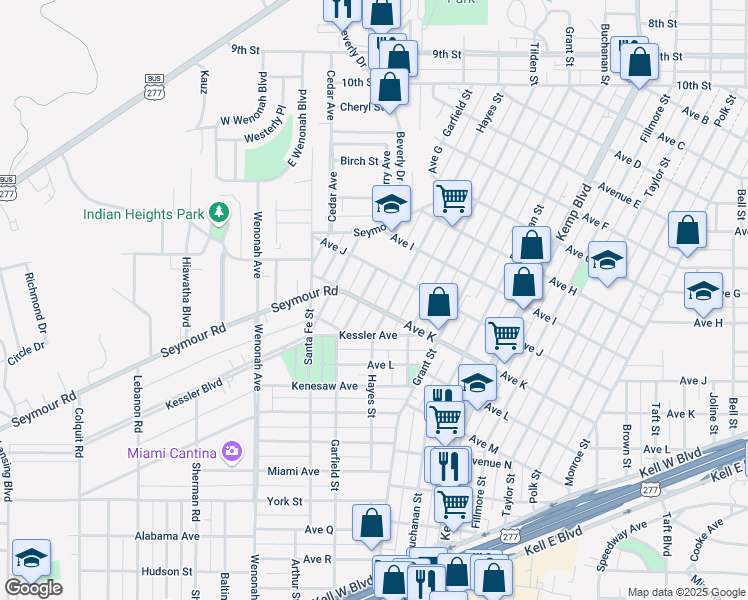 map of restaurants, bars, coffee shops, grocery stores, and more near 3006 Avenue K in Wichita Falls