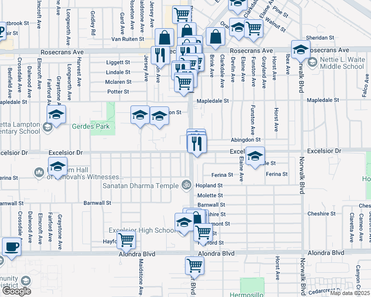 map of restaurants, bars, coffee shops, grocery stores, and more near 14835 Pioneer Boulevard in Norwalk