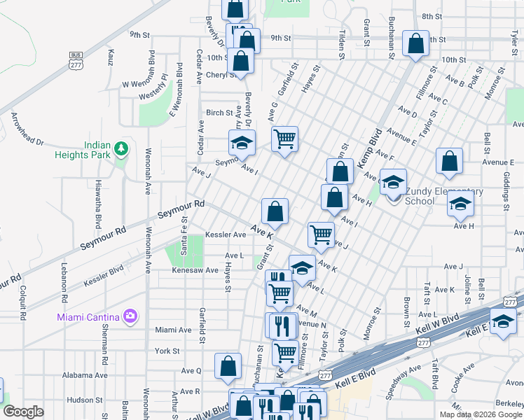 map of restaurants, bars, coffee shops, grocery stores, and more near 2002 Tilden Street in Wichita Falls