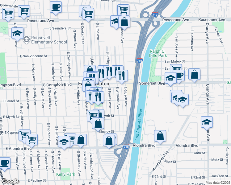 map of restaurants, bars, coffee shops, grocery stores, and more near 15120 South Frailey Avenue in Compton