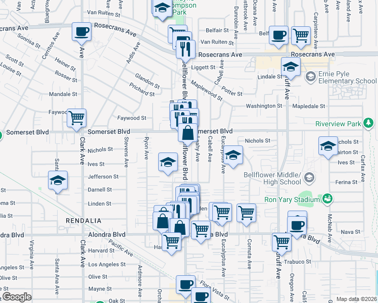 map of restaurants, bars, coffee shops, grocery stores, and more near 15138 Bellflower Boulevard in Bellflower