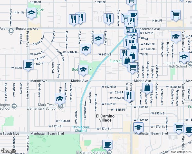 map of restaurants, bars, coffee shops, grocery stores, and more near 15505 Lemoli Avenue in Gardena
