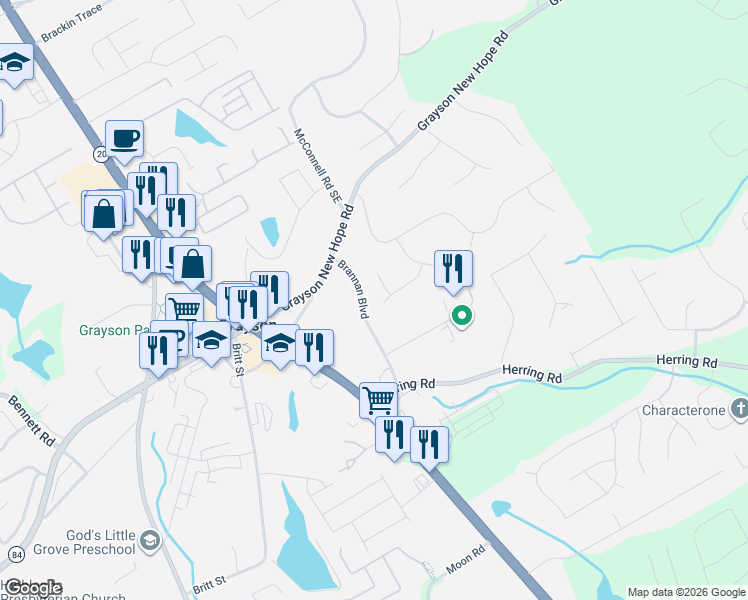 map of restaurants, bars, coffee shops, grocery stores, and more near 285 Meadow View Drive in Grayson