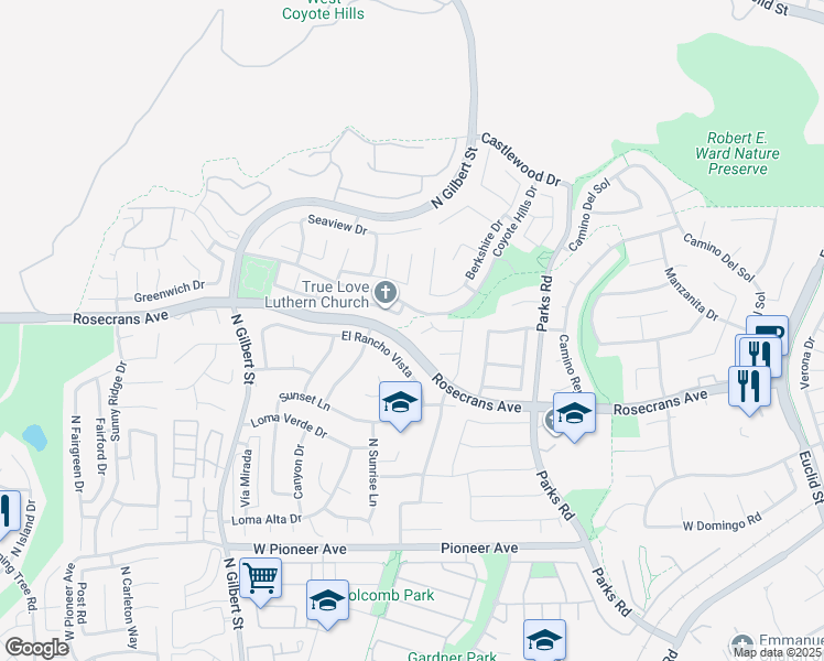 map of restaurants, bars, coffee shops, grocery stores, and more near 2207 Calle Ultimo in Fullerton