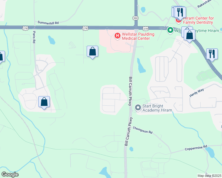 map of restaurants, bars, coffee shops, grocery stores, and more near 71 Darbys Run Court in Hiram
