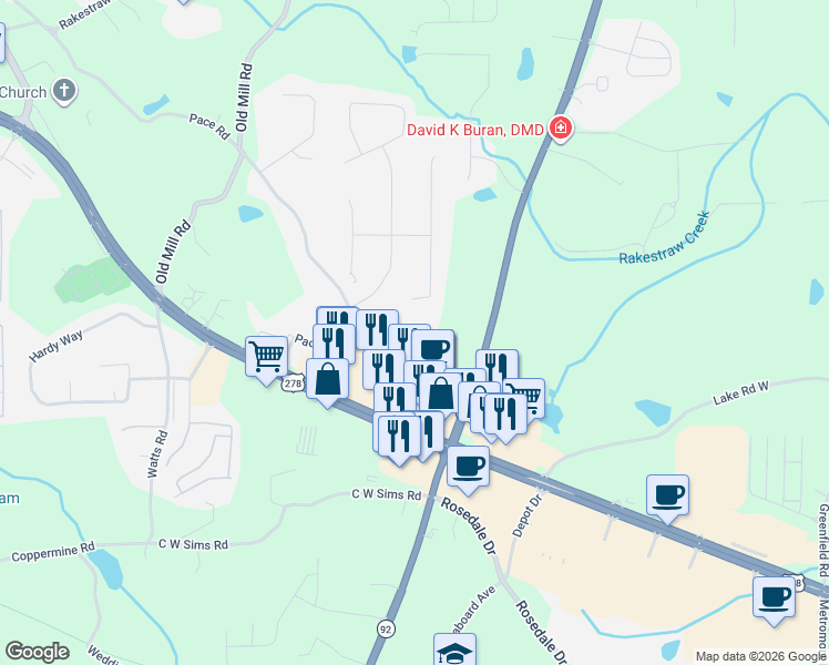 map of restaurants, bars, coffee shops, grocery stores, and more near 220 Hiram Terrace in Hiram
