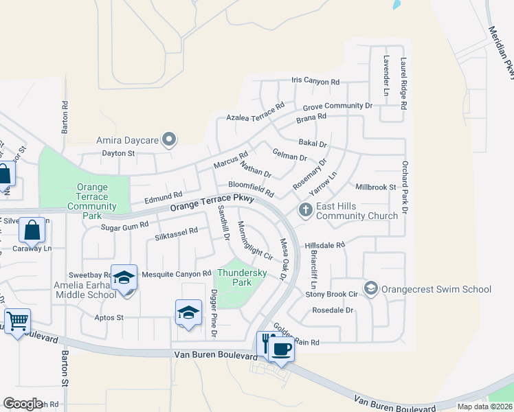 map of restaurants, bars, coffee shops, grocery stores, and more near 20628 Mesa Oak Drive in Riverside