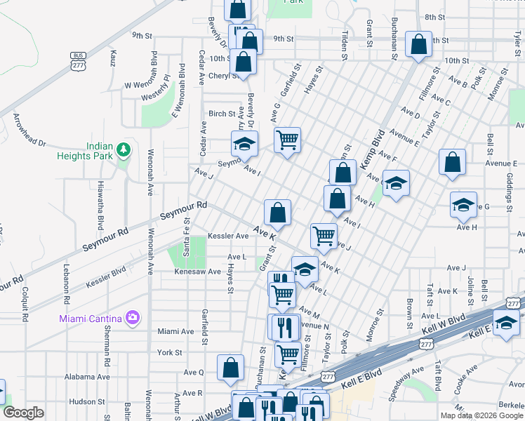 map of restaurants, bars, coffee shops, grocery stores, and more near 1914 Tilden Street in Wichita Falls