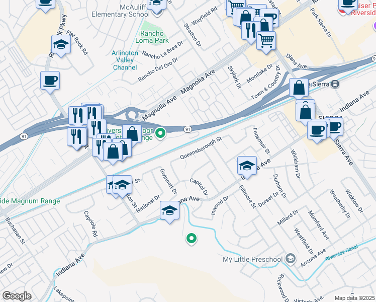 map of restaurants, bars, coffee shops, grocery stores, and more near 11571 Queensborough Street in Riverside