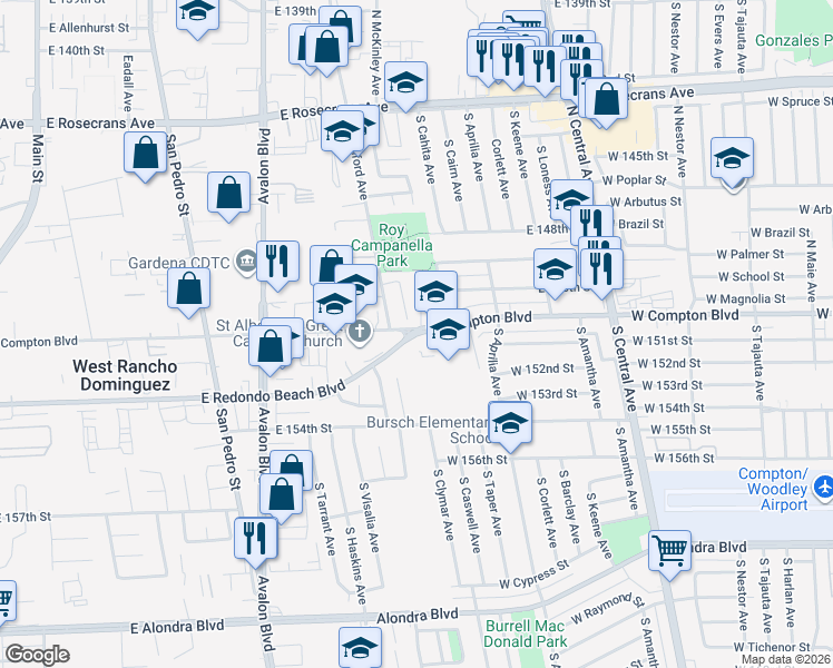 map of restaurants, bars, coffee shops, grocery stores, and more near 15031 South Clymar Avenue in Compton