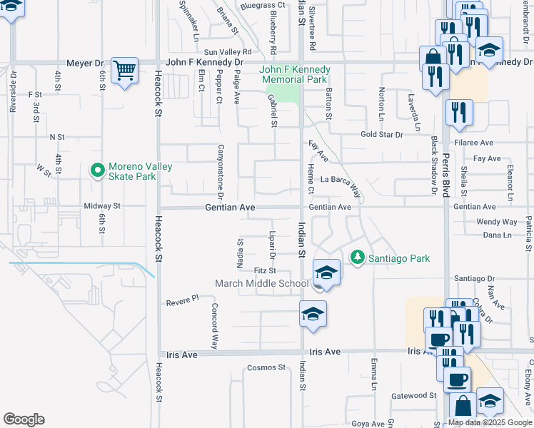 map of restaurants, bars, coffee shops, grocery stores, and more near 24388 Electra Court in Moreno Valley