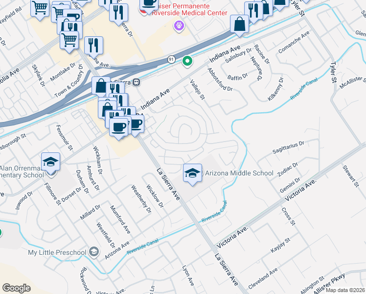 map of restaurants, bars, coffee shops, grocery stores, and more near 10944 Playa Del Sol in Riverside