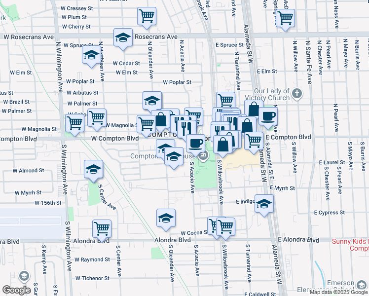 map of restaurants, bars, coffee shops, grocery stores, and more near 309 West Palm Street in Compton