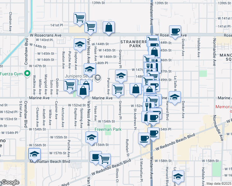 map of restaurants, bars, coffee shops, grocery stores, and more near 2010 West 150th Street in Gardena