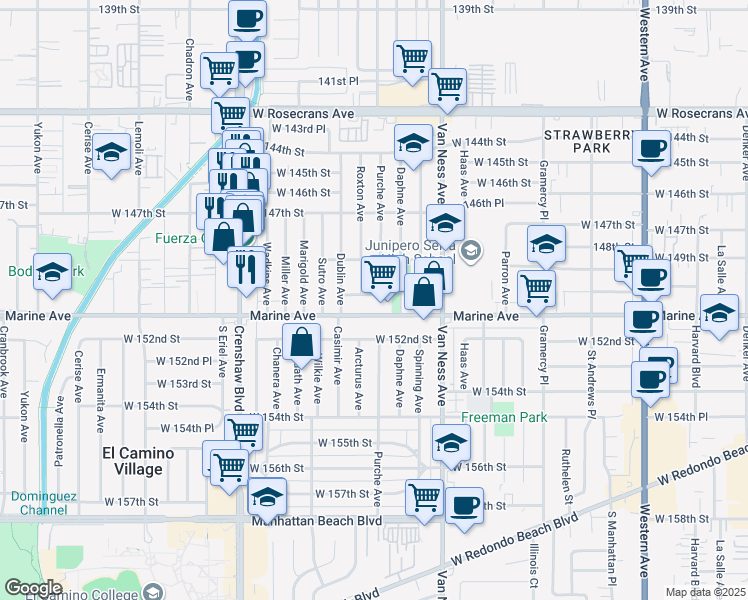 map of restaurants, bars, coffee shops, grocery stores, and more near 14941 Roxton Avenue in Gardena