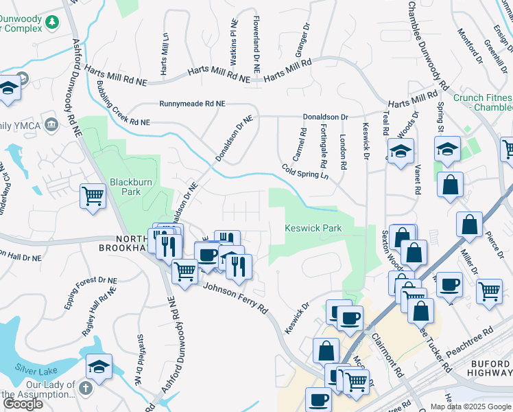 map of restaurants, bars, coffee shops, grocery stores, and more near 3626 Ashcroft Bend in Atlanta