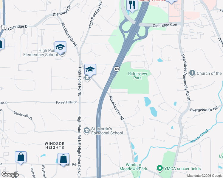 map of restaurants, bars, coffee shops, grocery stores, and more near 5106 Baroque Circle Northeast in Atlanta