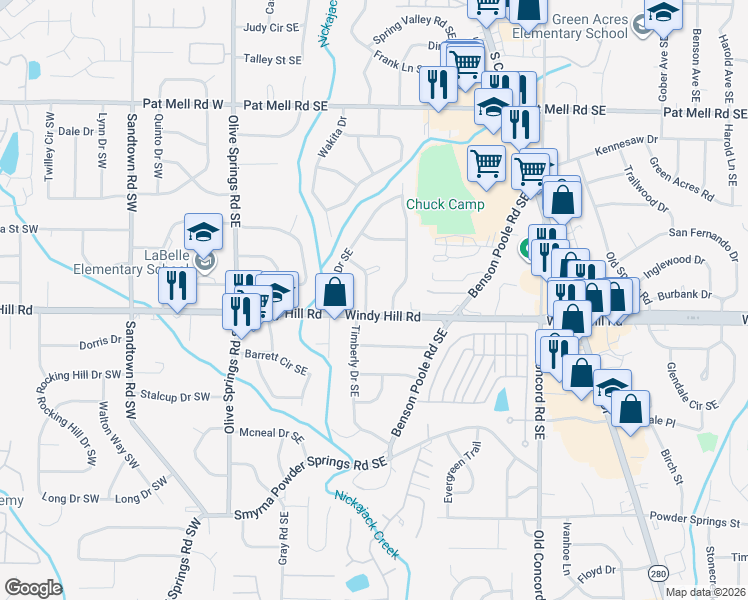 map of restaurants, bars, coffee shops, grocery stores, and more near 2389 Wakita Drive Southeast in Marietta
