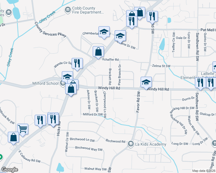 map of restaurants, bars, coffee shops, grocery stores, and more near 2381 Beverly Lane in Marietta