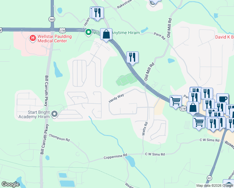 map of restaurants, bars, coffee shops, grocery stores, and more near 240 Hardy Way in Hiram