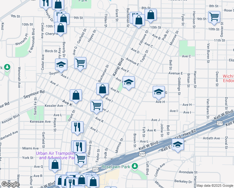 map of restaurants, bars, coffee shops, grocery stores, and more near 1802 Fillmore Street in Wichita Falls