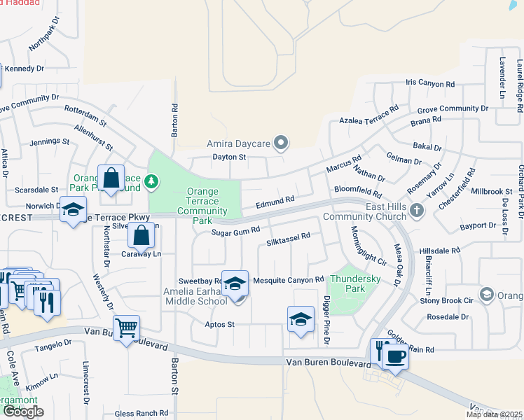map of restaurants, bars, coffee shops, grocery stores, and more near 20241 Edmund Road in Riverside