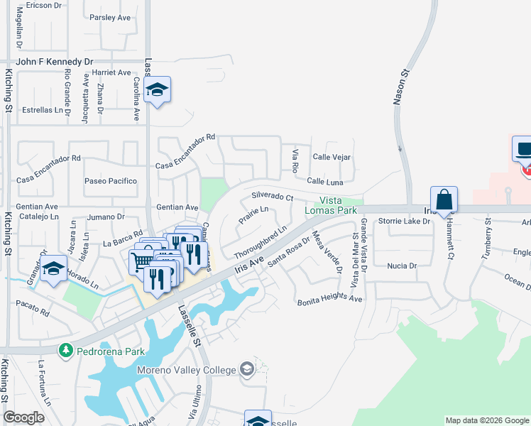 map of restaurants, bars, coffee shops, grocery stores, and more near 26461 Prairie Lane in Moreno Valley