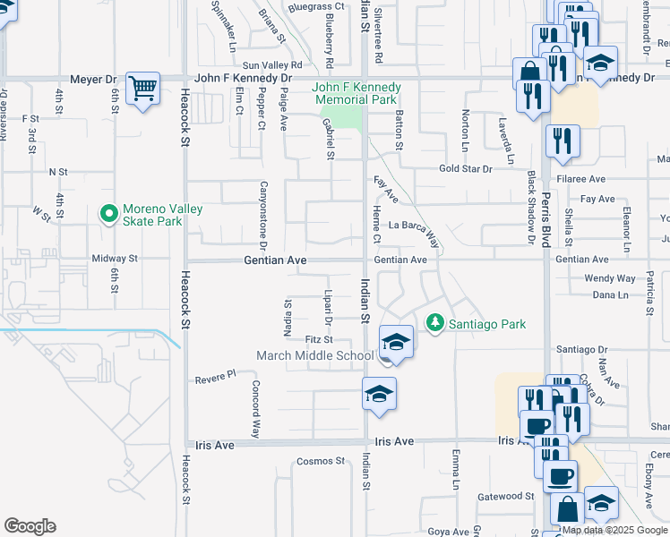 map of restaurants, bars, coffee shops, grocery stores, and more near 24388 Electra Court in Moreno Valley