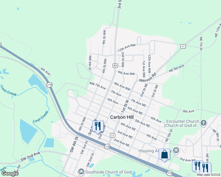 map of restaurants, bars, coffee shops, grocery stores, and more near 706 3rd Street Northwest in Carbon Hill
