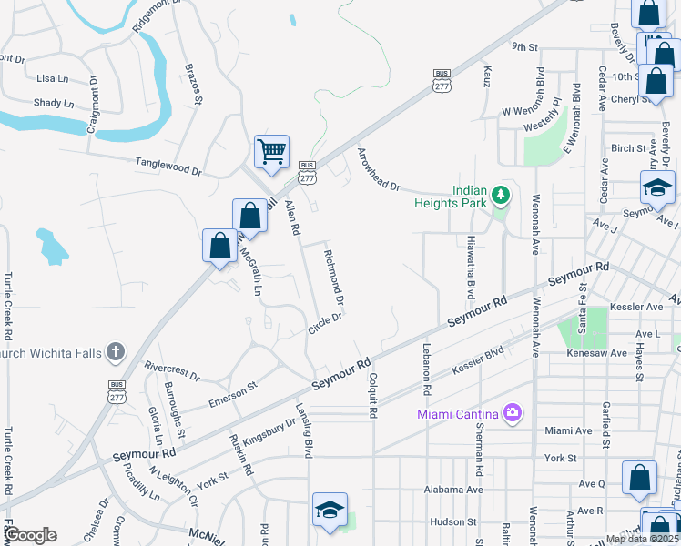 map of restaurants, bars, coffee shops, grocery stores, and more near 2115 Richmond Drive in Wichita Falls
