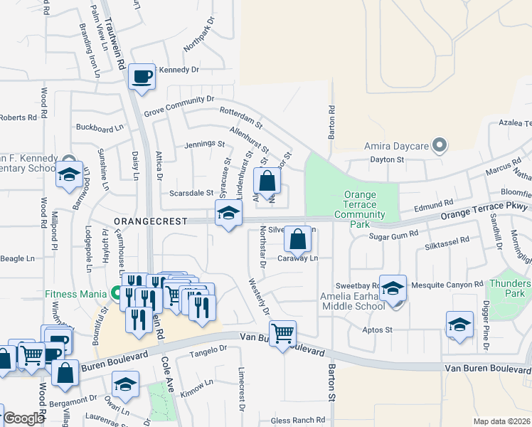 map of restaurants, bars, coffee shops, grocery stores, and more near 8584 Alexandria Street in Riverside