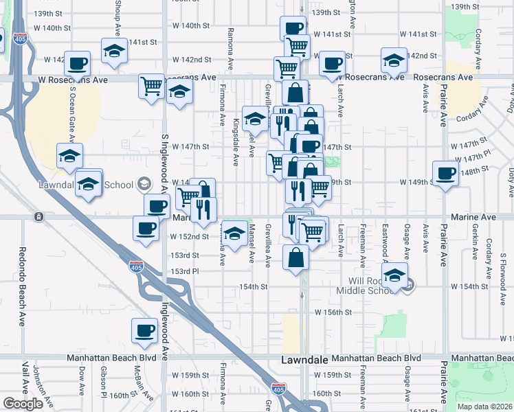 map of restaurants, bars, coffee shops, grocery stores, and more near 15005 Mansel Avenue in Lawndale