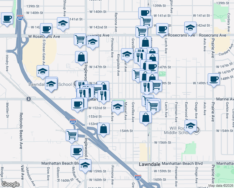 map of restaurants, bars, coffee shops, grocery stores, and more near 15000 Firmona Avenue in Lawndale