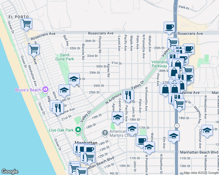 map of restaurants, bars, coffee shops, grocery stores, and more near 747 26th Street in Manhattan Beach