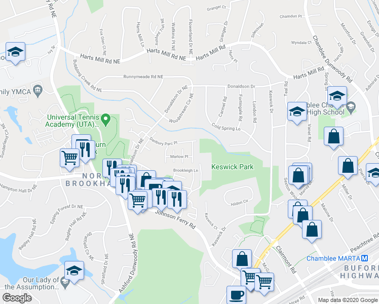map of restaurants, bars, coffee shops, grocery stores, and more near 3626 Ashcroft Bend in Atlanta