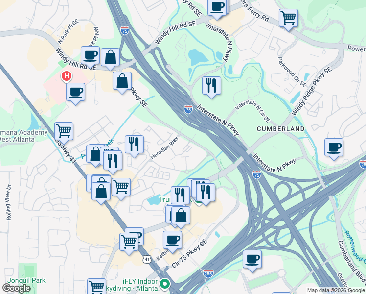 map of restaurants, bars, coffee shops, grocery stores, and more near 2999 Circle 75 Parkway in Atlanta