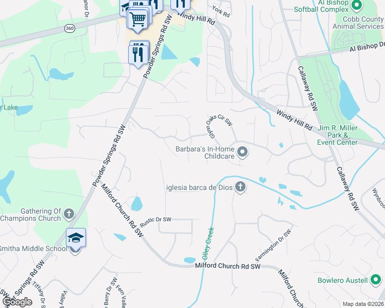 map of restaurants, bars, coffee shops, grocery stores, and more near 2390 June Springs Drive Southwest in Marietta