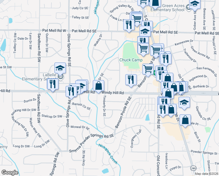 map of restaurants, bars, coffee shops, grocery stores, and more near 2389 Wakita Drive Southeast in Marietta