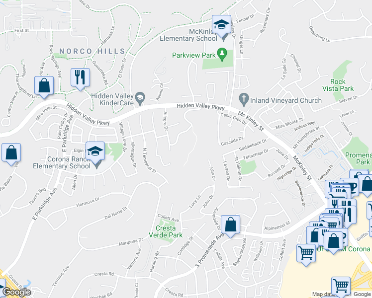 map of restaurants, bars, coffee shops, grocery stores, and more near 1832 Impresivo Drive in Corona