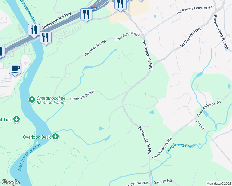 map of restaurants, bars, coffee shops, grocery stores, and more near 4665 Riverview Road Northwest in Atlanta