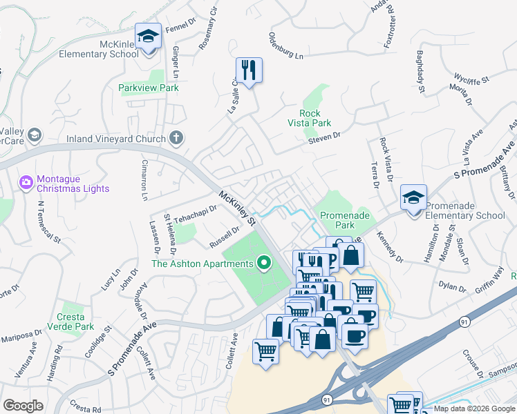 map of restaurants, bars, coffee shops, grocery stores, and more near 2225 Indigo Hills Drive in Corona
