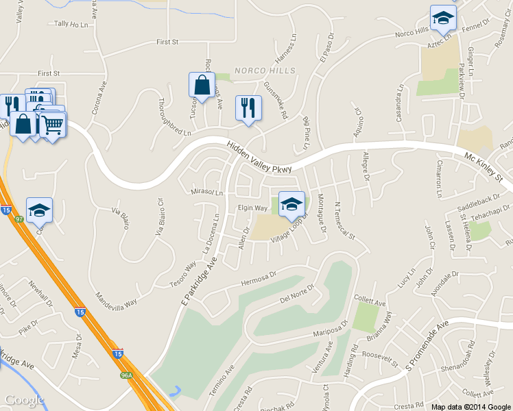 map of restaurants, bars, coffee shops, grocery stores, and more near 1358 Flamingo Drive in Corona
